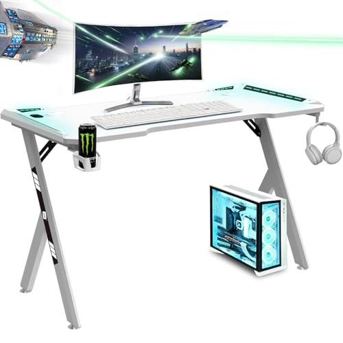 NK Bureau Gaming LED Ergonomique (120X60cm) - Porte-gobelets et Bouteilles, Support pour Casque, Gestion des Câbles, Bureau de Jeu, Plateau 1.5cm (Résistance) Poids Maximum Supporté 100kg - Blanc