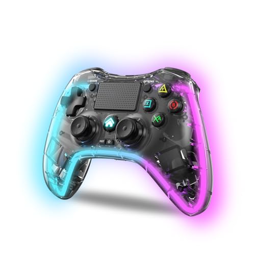 NK Manette pour PS4 PC Android - Manette sans fil avec 2-Shock, 6 axes, 2 boutons MACRO, 7 Modes de Lumière LED, Pavé Tactile, Prise Casque, Câble de Charge inclus - Noir Transparent