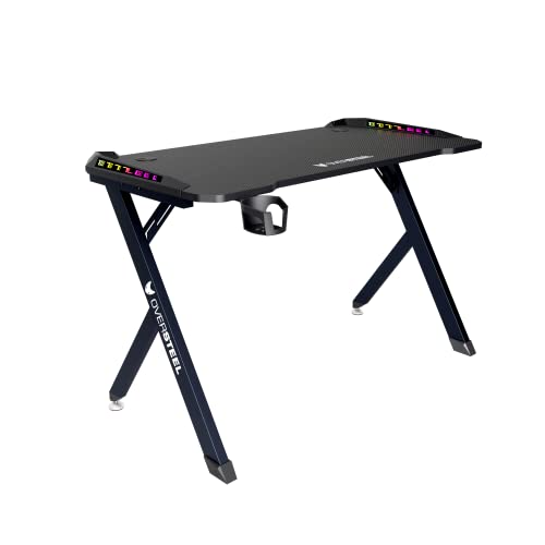Oversteel - Vitallium Gaming Table 120x60x75 cm, éclairage LED RGB, surface en fibre de carbone, ergonomique, support pour casques et tasses, bureau d'ordinateur, noir