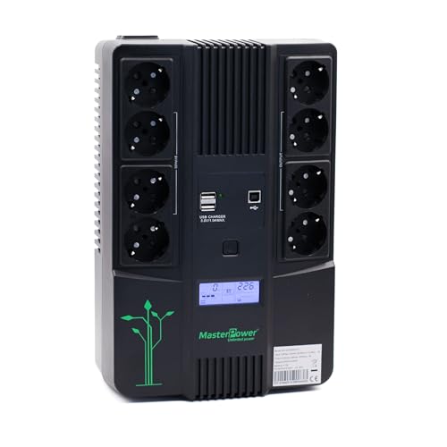 Master U-Power Onduleur UPS 850VA (480W) – Alimentation sans Interruption avec Écran LCD, 8 Prises Schuko, USB y RJ45 – Protection Électrique pour PC et Réseau