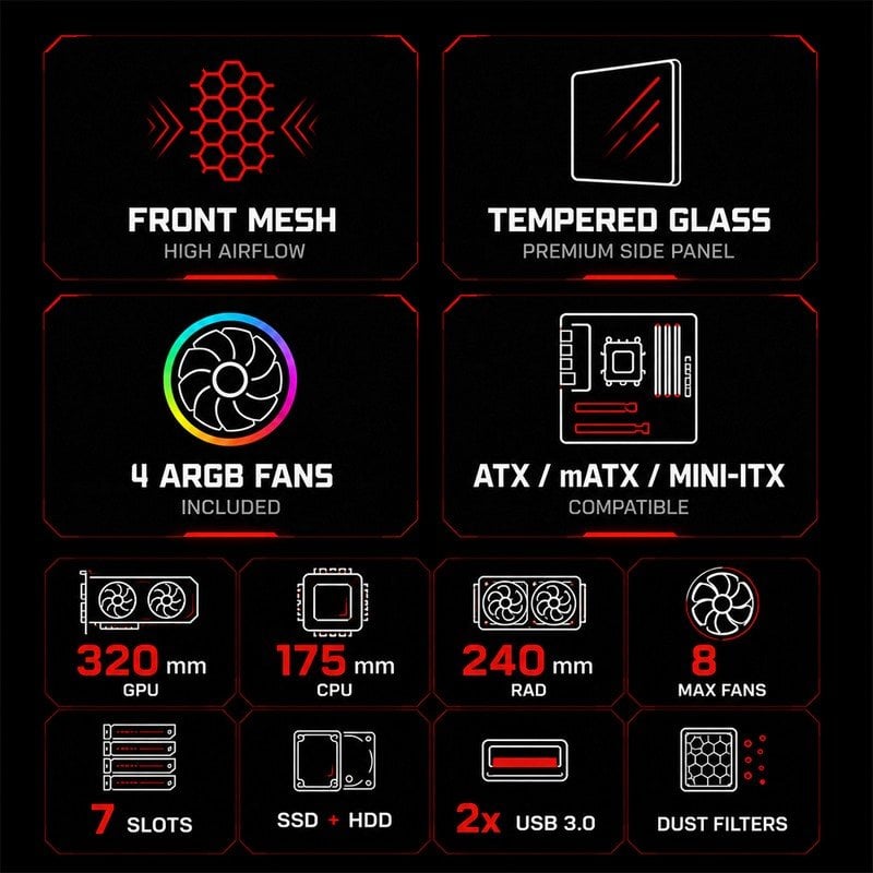tempest Boîtier PC Tempest Ironvale ATX ARGB Mesh Black Panneau Verre Trempé
