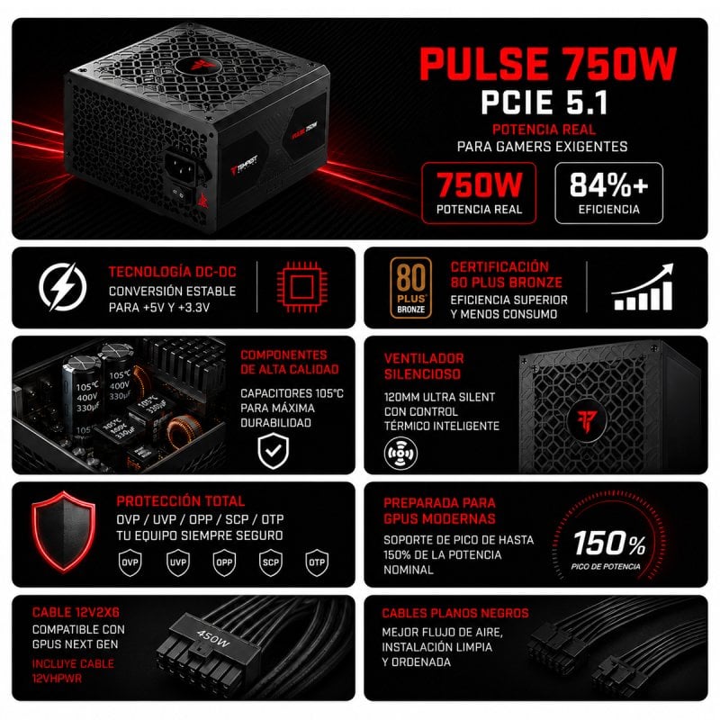 tempest Fuente de Alimentación Tempest Pulse 750W Cybenetics Bronze ATX 3.1 PCIe 5.1 12V-2x6