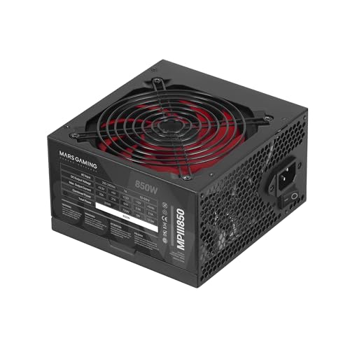 Mars Gaming MPIII850, Alimentation PC ATX 850W, 5 Ans de Garantie, 85 d'Efficacité, Système Digital APFC, Ventilateur FDB 120mm AI-RPM, Technologies DC-DC et SMD, Câbles Plats Extra-Longs, Noir