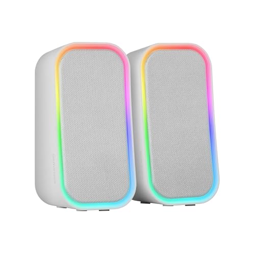 Mars Gaming MSOMW, Haut-parleurs Gaming 20W, Éclairage RGB Dynamique, Bluetooth 5.3 AUX-in, Boîtier de Contrôle de Volume, Chipset DSP Personnalisé, Compatibilité Universelle, Blanc