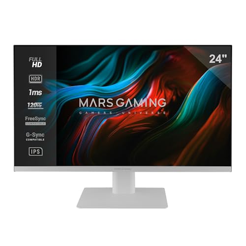Mars Gaming MV-24, Moniteur 24 IPS FHD 120Hz, HDR10 1ms, FreeSync et G-Sync, Écran PC Enceintes Intégrés, Inclinaison 25°, Low Blue Light et Flicker Free, HDMI DisplayPort Jack 3.5mm, Blanc