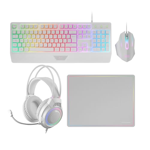 Mars Gaming MCP124PRO, Français, Combo Gaming 4en1, Clavier RGB H-Mech avec Repose-Poignets, Souris RGB 3200DPI et Switches HUANO, Casque FRGB, Tapis Nanotextile 36x26cm, Multiplateforme, Blanc