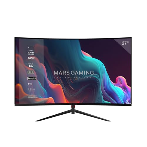 Mars Gaming MV-27C, Écran Gaming Incurvé 27” FHD 1080p 200Hz, HDR10 1ms, FreeSync et G-Sync, Écran Sans Bordures, Inclinaison 20°, Low Blue Light et Flicker-Free, HDMI DisplayPort Jack 3.5mm, Noir