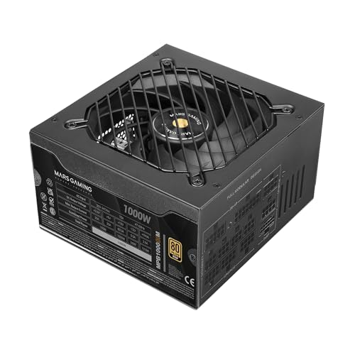 MARS GAMING MPB1000SIM, Bloc d'alimentation Full Modular ATX 1000W, 7 Ans Garantie, 80Plus Gold 90 , Ventilateur SI Extreme Silence 140mm, Technologies AI2-RPM, Condensateurs Japonais, Noir