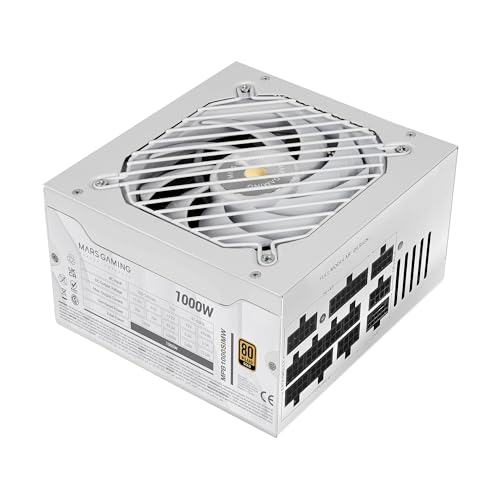 MARS GAMING MPB1000SIM, Bloc d'alimentation Full Modular ATX 1000W, 7 Ans Garantie, 80Plus Gold 90 , Ventilateur SI Extreme Silence 140mm, Technologies AI2-RPM, Condensateurs Japonais, Blanc