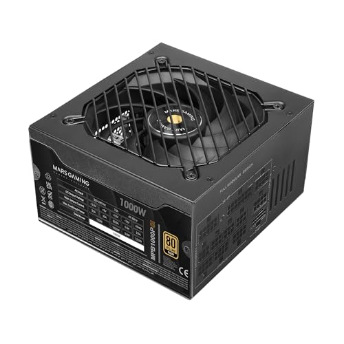 MARS GAMING MPB1000PSI, Alimentation Full Modulaire ATX 1000W, Garantie 10 Ans, 80Plus Gold 90 , Ventilateur SI 14cm, Technologies AI2-RPM, DC-DC et SMD, ATX 3.1 et PCIe 5.1, Connecteur 12V 2x6, Noir