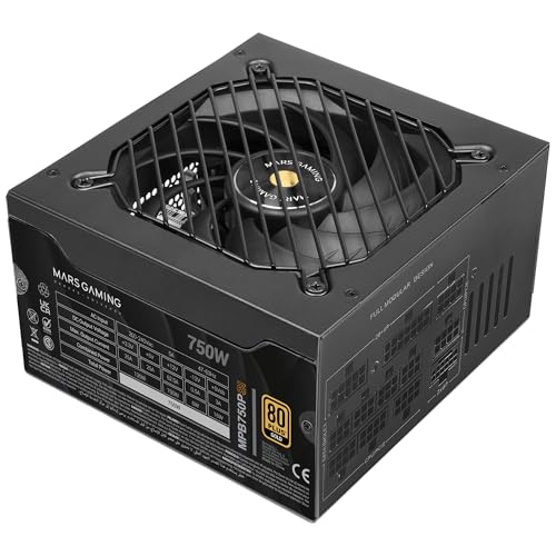 Mars Gaming MPB750PSI, Alimentation PC Full Modulaire 750W, 10 Ans de Garantie, 80Plus Gold 90 , Ventilateur SI Extreme Silence, Technologies AI2-RPM, DC-DC et SMD, ATX 3.1 et PCIe 5.1 Noir