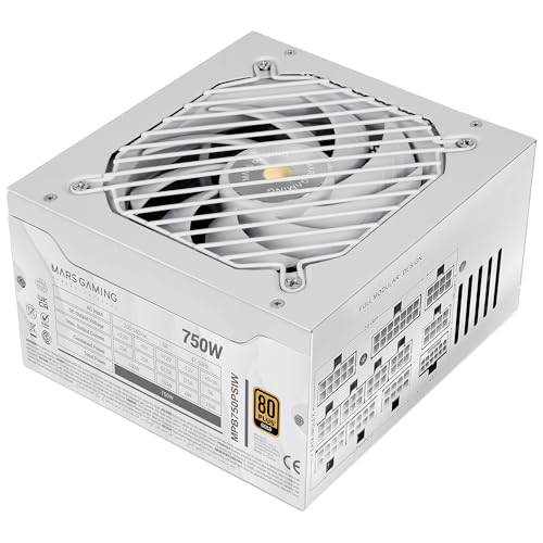 Mars Gaming MPB750PSI, Alimentation PC Full Modulaire 750W, 10 Ans de Garantie, 80Plus Gold 90 , Ventilateur SI Extreme Silence, Technologies AI2-RPM, DC-DC et SMD, ATX 3.1 et PCIe 5.1 Blanc