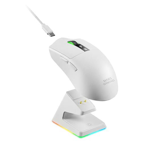 Mars Gaming MMW-Elite, Souris sans Fil Gaming, Bluetooth 5.4 2.4GPRO Câble, Capteur Optique PixArt PAW3311PRO 20000 DPI, Ultralégère 69g, 6 Boutons, Écran OLED, Base Charge Magnétique RGB, Blanc