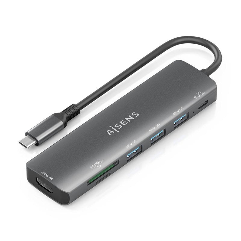 aisens USB-C Dock 7 en 1, 1xHDMI, 3xUSB-A, 1xUSB-C PD 100W, 1xSD, 1xMicro SD, Grey, 15cm