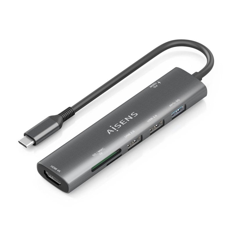 aisens USB-C Dock 7 en 1, HDMI, 2xUSB-A USB2.0, 1xUSB-A USB3.0, USB-C PD 100W, SD, Micro SD, Grey, 15cm