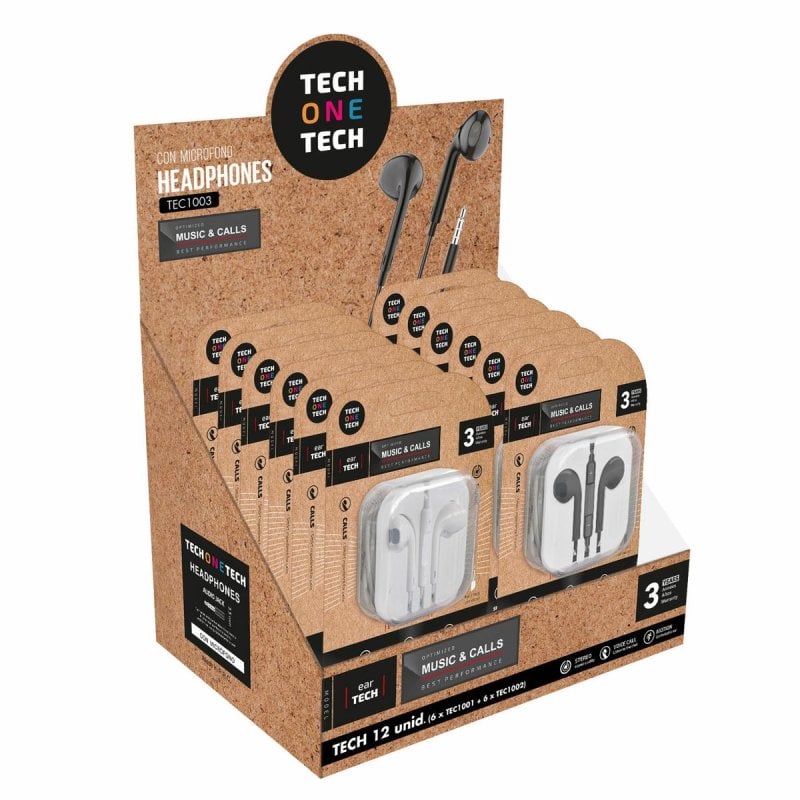 tech-one-tech Auriculares earTECH TECH ONE TECH con Cable, Ergonomía, Micrófono, 12 Unidades, Negro y Blanco