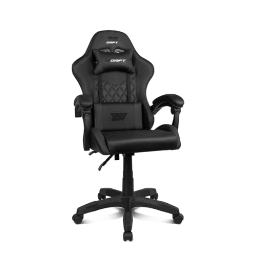 DRIFT GAMING DR35 - Chaise Professionnelle, Similicuir, Accoudoirs rembourrés, Piston Classe 3, Base en Nylon renforcé, Siège inclinable, Hauteur réglable, Coussin Lombaire Cervical, Noir