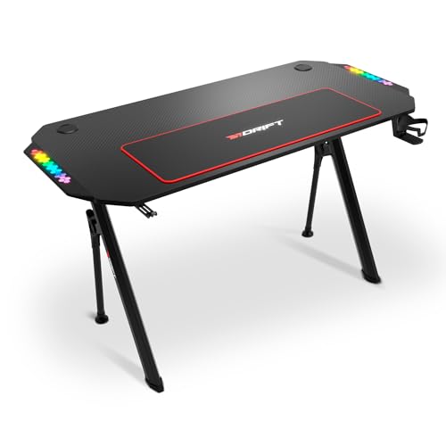 DRIFT GAMING DRDZ175RGB - Table de Jeu avec Plateau en Fibre de Carbone, Porte-Boisson et Casque, côtés RGB réactifs au Son, Tapis 80 x 30 cm, Noir