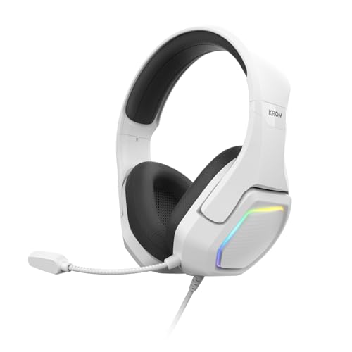 KROM KOPA 7.1 – Casque Gaming USB avec Son Virtuel 7.1, Éclairage RGB Rainbow, Haut-parleurs de 50 mm, Micro Omnidirectionnel, Contrôle du Volume et Mute sur Casque, Arceau Léger et Réglable – Blanc
