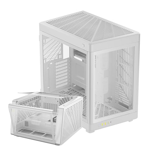 GAMDIAS PC Gamer Boitier, Boîtiers Gaming EATX Grand Tour Vide, 2 Positions, Double Chambre, Porte en Verre Trempé à Ouverture Tactile, Airflow, Blanc