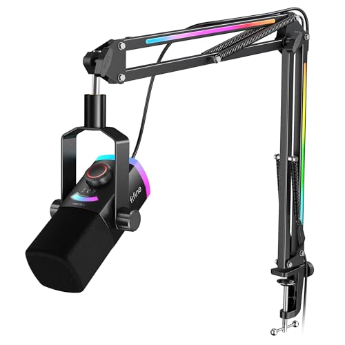 FIFINE AM8PROT Kit de microphone de jeu, microphone dynamique XLR USB pour PC avec bras perche pour enregistrement de podcast, jeu de micro en streaming RVB, tap-to-mute, contrôle de mixage, prise