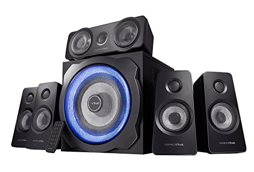Trust Gaming GXT 658 Tytan Enceinte PC Gamer 5.1, avec Caisson de Basses pour Ordinateur (180 Watt), LED Lumineuse, Télécommande sans Fil, Enceinte pour PC, Ordinateur Portable - Noir Bleu