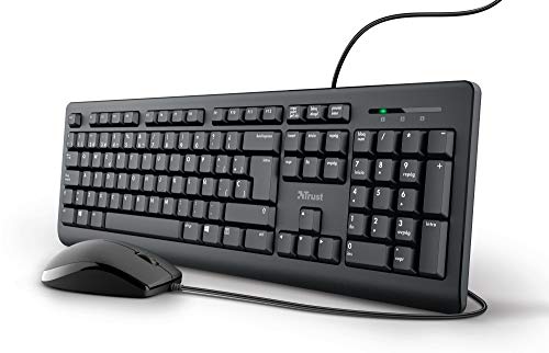 Trust Taro Ensemble Clavier et Souris Filaires - QWERTY Espagnol, Câble de 1,8 m, Connexion USB, Clavier Résistant aux Éclaboussures, Windows, Mac, PC, Ordinateur Portable, Noir
