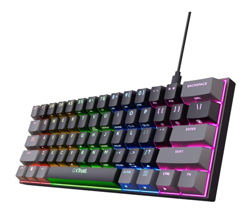 Trust Gaming GXT 867 Acira 60 Clavier Mécanique QWERTY US, Touches à Double Fonction, Éclairage RGB, USB Programmable Mini Clavier de Jeu 60 PC Portable - Noir Gris