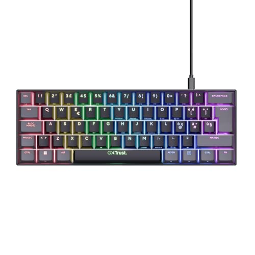 Trust Gaming GXT 867 Acira Clavier Mécanique 60 Italien QWERTY Mini Clavier RGB Rétroéclairé Clavier Double Fonction USB Programmable Clavier Gaming PC Portable - Noir