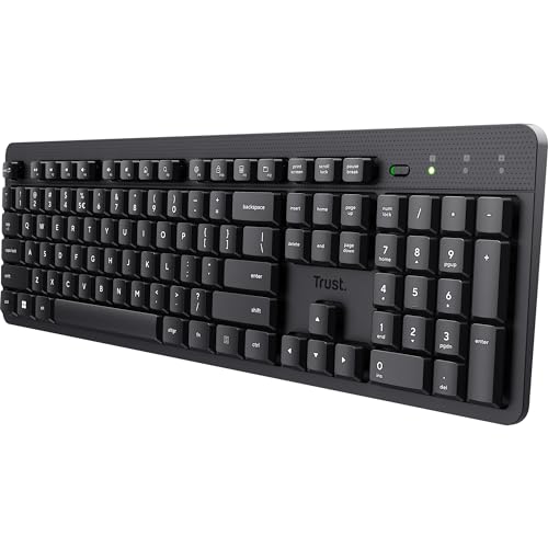 Trust ODY II Clavier sans Fil Silencieux QWERTY US Disposition, Touches Flottantes à Profil Bas, Anti-déversement, Micro Récepteur USB 2,4 GHz, Clavier sans Fil Plein Taille pour PC, Ordinateur