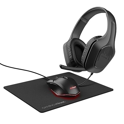 Trust Gaming GXT 790 Tridox Pack PC Gamer 3-en-1 - Casque Léger avec Transducteurs 50 mm, Audio Jack 3.5 mm, Souris Gamer Filaire 200-6400 DPI, Tapis de Souris, Kit PC, Ordinateur Portable - Noir