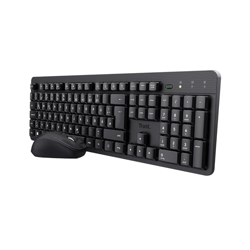 Trust Ymo II Ensemble Clavier Souris Silencieux sans Fil QWERTZ Allemand, Touches Plates, Protection Contre Les éclaboussures, Souris sans Fil ambidextre 800-1600 DPI, Un récepteur USB, pour PC,
