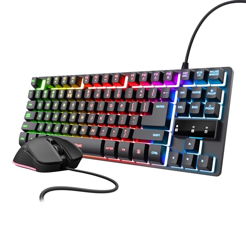 Trust Gaming GXT 833 Pack Clavier et Souris Gamer Filaires, AZERTY Français, Clavier Gamer TKL Compact avec 69 Plastique Recyclé, 200-7200 DPI, Kit Gaming RGB pour PC, Ordinateur Portable - Noir