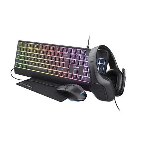 Trust Gaming GXT 792 Quadrox Ensemble Clavier et Souris de Jeu 4 en 1, QWERTY UK, Casque léger avec Microphone, Tapis de Souris, Ensemble PC de Jeu RVB pour Ordinateur, Ordinateur Portable, Bureau