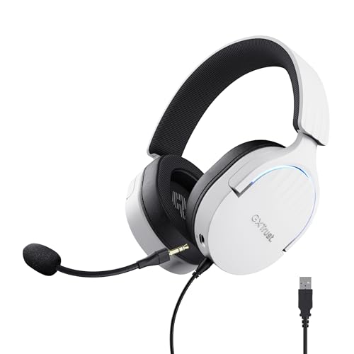 Trust Gaming GXT 490W Fayzo Casque Gaming USB Son Surround 7.1, Pilotes 50mm, Éclairage RGB, 35 Plastiques Recyclés, Casque Gamer Filaire Over-Ear pour PC PS5, Microphone Antibruit, Blanc