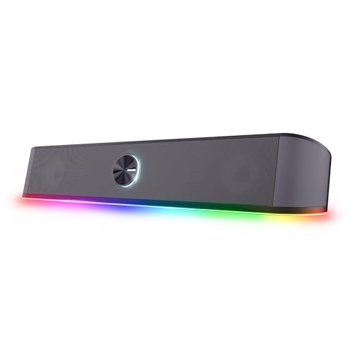 Trust Gaming GXT 1619 Rhox Barre de Son RGB 12W (6W RMS), Enceinte PC Stéréo Alimentation USB, Format Compact, Câble AUX 3.5 mm, Haut Parleur 2.0 pour Ordinateur Portable TV - Gris