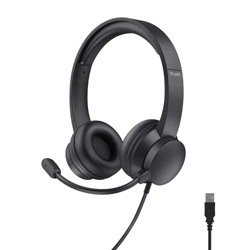 Trust Casque USB avec Micro Léger on Ear, Arceau Réglable, Microphone Flexible, Câble 1,8 m, Casque Audio PC Filaire pour Ordinateur Portable Bureau Teletravail Chat Zoom Teams - Noir