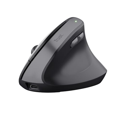 Trust Yuno Souris Ergonomique sans Fil, Souris Verticale Rechargeable, Récepteur USB 2,4GHz, DPI Réglable (800-2400), Capteur Optique, 6 Boutons, 70 Plastique Recyclé, Macbook, Ordinateur, HP - Noir
