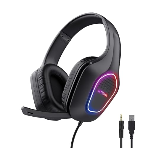 Trust Gaming GXT 419 Rayne Casque Gaming Léger pour PC Console, Éclairage LED Alimenté par USB, Transducteurs 50mm, Jack 3.5mm, Casque Gamer Filaire Over-Ear avec Micro pour Ordinateur Portable