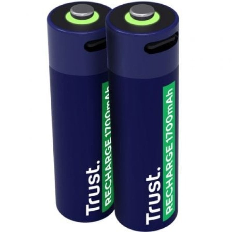 Trust Piles AA 25584 rechargeables, lot de 2 unités, 1700 mAh, USB-C, LED de charge 2 h