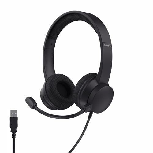 Trust Roha II Casque USB avec Micro ENC Antibruit on Ear, Microphone Réduction du Bruit, 85 Plastique Recycle, Câble 1,8 m, Casque Audio PC Filaire USB-C Ordinateur Portable Teams Zoom, Noir