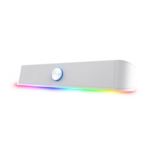 GXTrust 1619W Rhox Barre de Son Éclairée RGB, Enceintes Stéréo 2.0 Éclairage LED, 12W, Alimentation USB, Câble AUX 3.5 mm, Enceinte PC pour Ordinateur Portable, Blanc