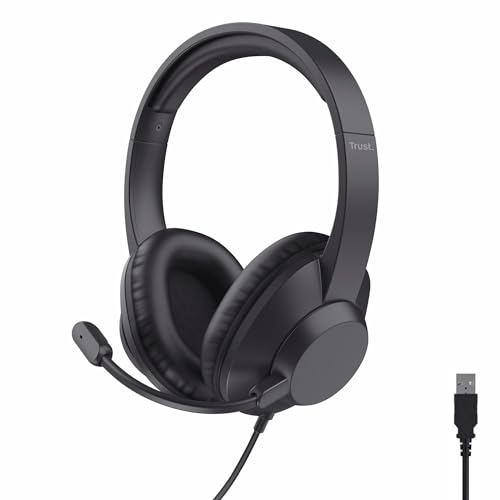Trust Roha II Max Casque USB avec Micro Over Ear, Câble 1,8 m, 85 Plastiques Recyclés, Casque Audio PC Filaire USB-C pour Ordinateur Portable Bureau Teletravail Chat Zoom Teams, Noir