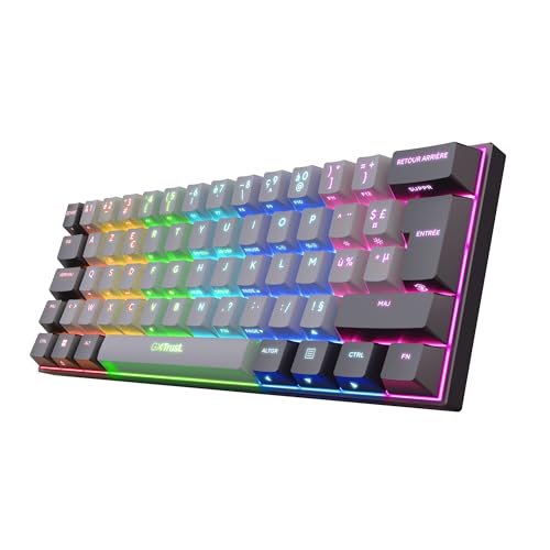 GXTrust 1873 Revyn 60 Clavier Mécanique AZERTY Français, Triple Mode 2.4GHz BT Filaire, Éclairage RGB, Batterie 50 Heures, Compact Mini Clavier Gamer 60 Pourcent Programmable PC Portable, Noir Gris
