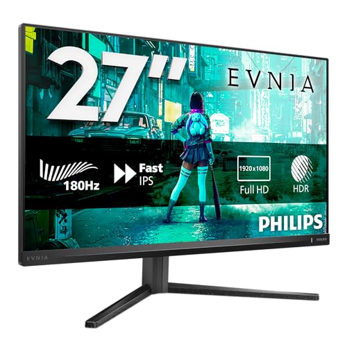 PHILIPS Evnia Gaming Moniteur 27M2N3200AM 27 Pouce 180Hz Fast IPS Dalle, 1ms GtG, HDR10, G-Sync Compatible, Ajustable en Hauteur, Haut-parleurs, (1920x1080 HDMI 2X 2.0 DP 1x 1.4) Gris foncé