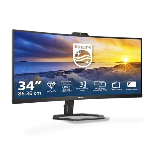 Philips 34E1C5600AM - Moniteur incurvé WQHD 34 Pouces, Webcam, réglable en Hauteur, Haut-Parleur (3440x1440, 100Hz, HDMI, DisplayPort, USB-C, Hub USB) Noir