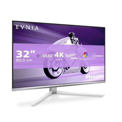 Philips Evnia 32M2N8900AM - Moniteur de Jeu UHD OLED 32 Pouces, 240 Hz, 0,03 ms, HDR400, FreeSync Prem. Pro, Version G-Sync. (3840x2160, 2X HDMI 2.1, 1x DP 1.4, 1x USB-C (65W PD), hub USB) Blanc