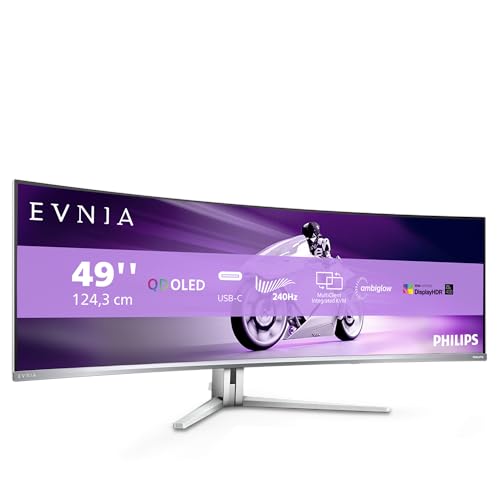 Philips Evnia 49M2C8900AM - Moniteur Gaming incurvé QD OLED 49 Pouces, 240 Hertz, 0,03 ms GtG, HDR400, Ambiglow (5120x1440, HDMI 2.1, DisplayPort 1.4, USB-C, Hub USB) Blanc