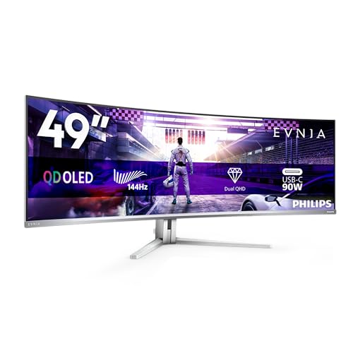 Philips Evnia 49M2C8900LA - Moniteur Gaming incurvé DQHD OLED 49 Pouces, 144 Hertz, 0,03 ms GtG, HDR400, Ambiglow (5120x1440, HDMI 2.1, DisplayPort 1.4, USB-C, Hub USB) Blanc