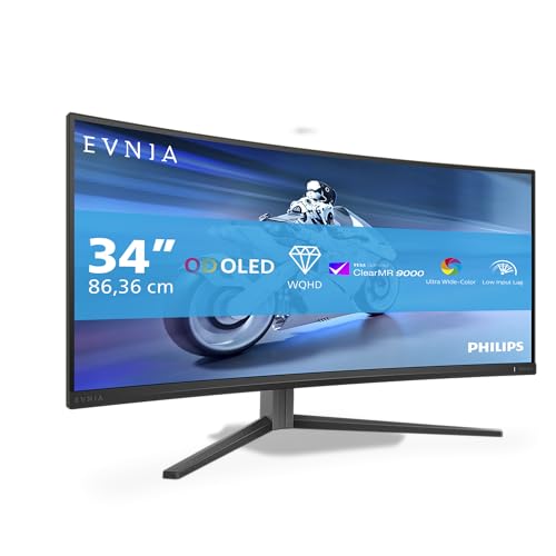 Philips Evnia 34M2C6500AM - Moniteur incurvé WQHD OLED 34 Pouces, 175 Hz, 0,03 ms, FreeSync Premium Pro, comp. G-Sync, HDR400 (3440x1440, 2X HDMI, DisplayPort, Hub USB) Gris foncé
